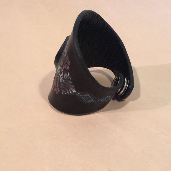 Tooled Leather Cuff Bracelet with Labradorite Gemstone Inlay Boho Mandala Cuff - Picture 2 of 12